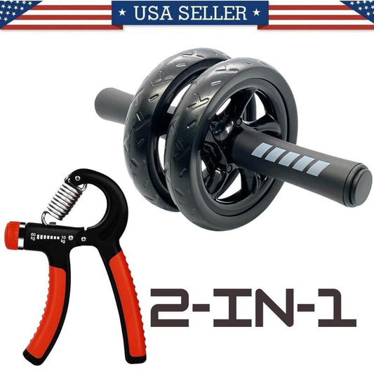 [2-In-1] Hand Grip Strength Power Trainer + Ab Roller Wheel Abdominal Fitness Gym Exercise Equipment Core Workout Training + Free Knee Mat